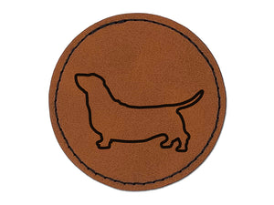 Basset Hound Dog Outline Round Iron-On Engraved Faux Leather Patch Applique - 2.5"