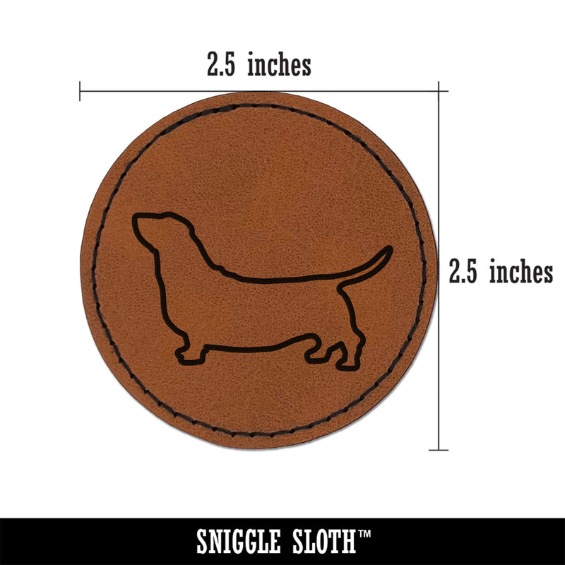 Basset Hound Dog Outline Round Iron-On Engraved Faux Leather Patch Applique - 2.5"