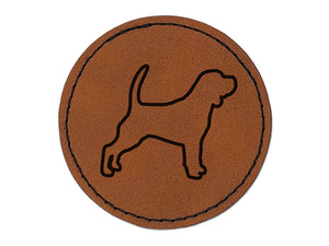 Beagle Dog Outline Round Iron-On Engraved Faux Leather Patch Applique - 2.5"