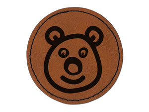 Bear Face Doodle Round Iron-On Engraved Faux Leather Patch Applique - 2.5"