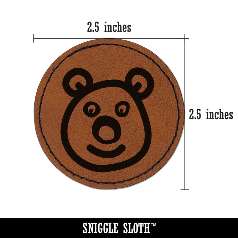 Bear Face Doodle Round Iron-On Engraved Faux Leather Patch Applique - 2.5"