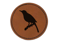 Bird on Branch Solid Round Iron-On Engraved Faux Leather Patch Applique - 2.5"