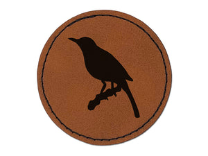 Bird on Branch Solid Round Iron-On Engraved Faux Leather Patch Applique - 2.5"