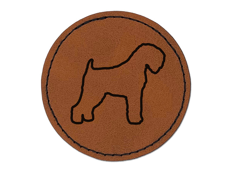 Black Russian Terrier Chornyi Dog Outline Round Iron-On Engraved Faux Leather Patch Applique - 2.5"