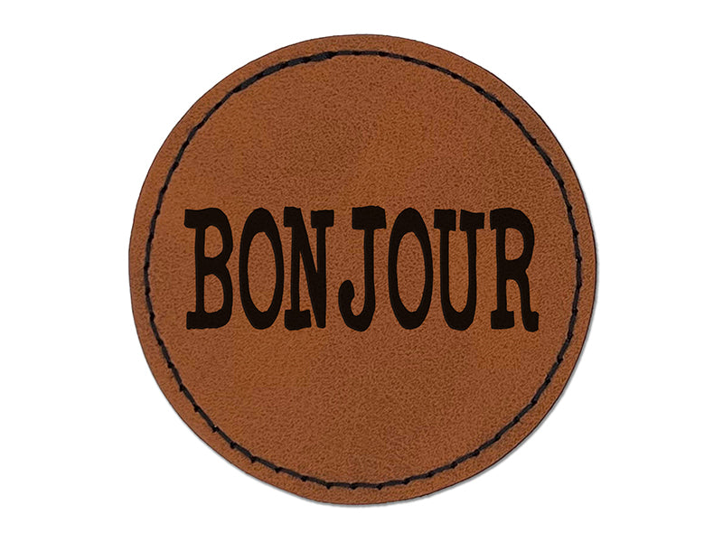 Bonjour Hello Fun Text Round Iron-On Engraved Faux Leather Patch Applique - 2.5"
