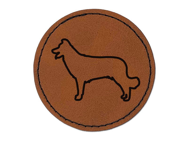 Border Collie Dog Outline Round Iron-On Engraved Faux Leather Patch Applique - 2.5"