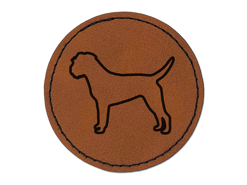 Border Terrier Dog Outline Round Iron-On Engraved Faux Leather Patch Applique - 2.5"