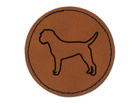 Border Terrier Dog Outline Round Iron-On Engraved Faux Leather Patch Applique - 2.5"