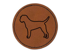 Border Terrier Dog Outline Round Iron-On Engraved Faux Leather Patch Applique - 2.5"
