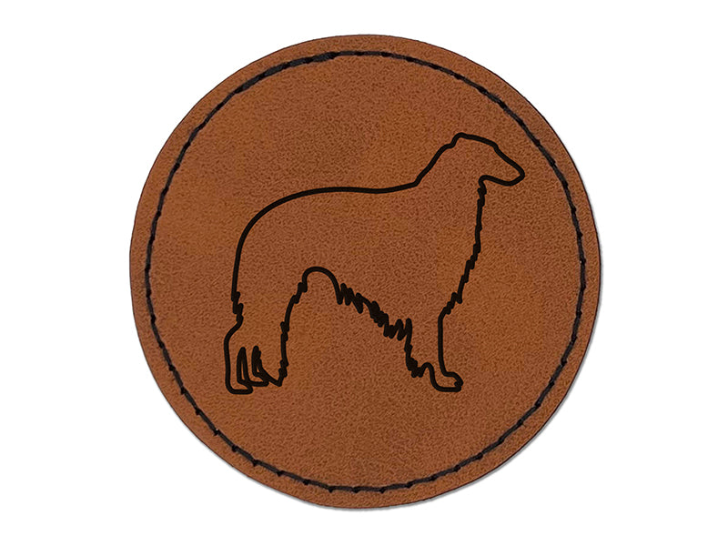 Borzoi Russian Wolfhound Dog Outline Round Iron-On Engraved Faux Leather Patch Applique - 2.5"