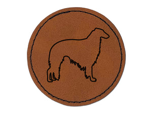 Borzoi Russian Wolfhound Dog Outline Round Iron-On Engraved Faux Leather Patch Applique - 2.5"