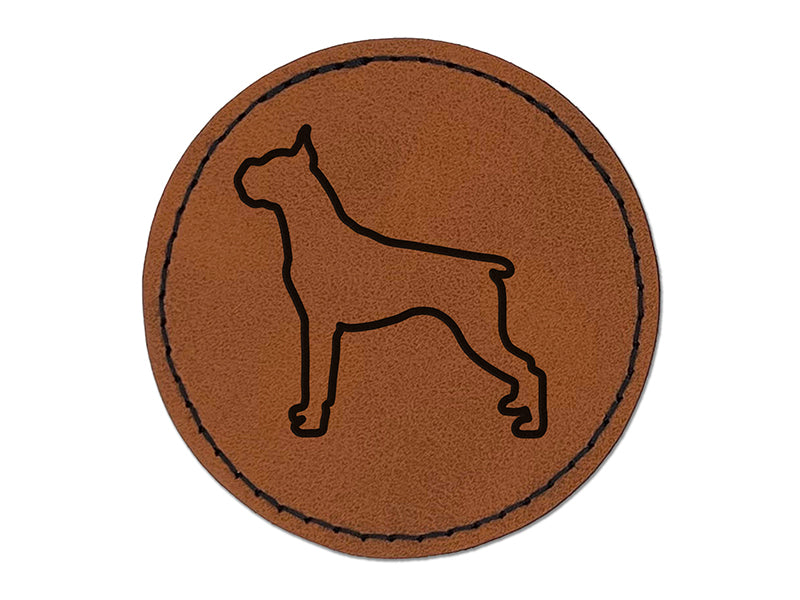 Boxer Dog Outline Round Iron-On Engraved Faux Leather Patch Applique - 2.5"