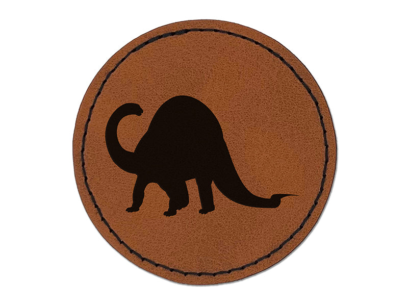 Brontosaurus Dinosaur Solid Round Iron-On Engraved Faux Leather Patch Applique - 2.5"