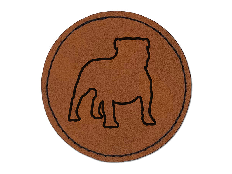 Bulldog English British Dog Outline Round Iron-On Engraved Faux Leather Patch Applique - 2.5"