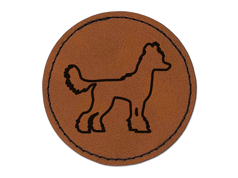 Chinese Crested Dog Outline Round Iron-On Engraved Faux Leather Patch Applique - 2.5"