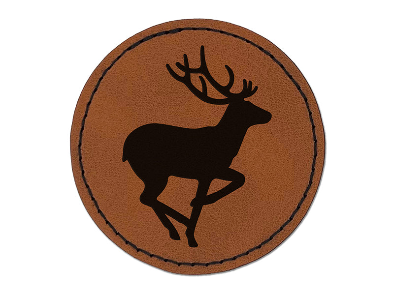 Deer Buck in Profile Solid Round Iron-On Engraved Faux Leather Patch Applique - 2.5"