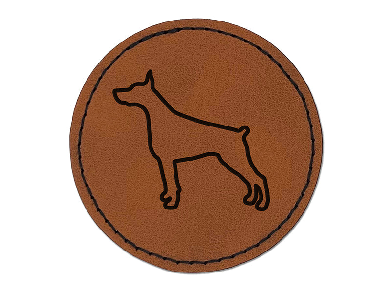 Dobermann Pinscher Dog Outline Round Iron-On Engraved Faux Leather Patch Applique - 2.5"