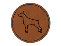 Dobermann Pinscher Dog Outline Round Iron-On Engraved Faux Leather Patch Applique - 2.5"