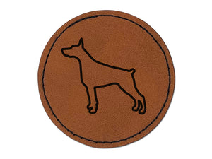 Dobermann Pinscher Dog Outline Round Iron-On Engraved Faux Leather Patch Applique - 2.5"