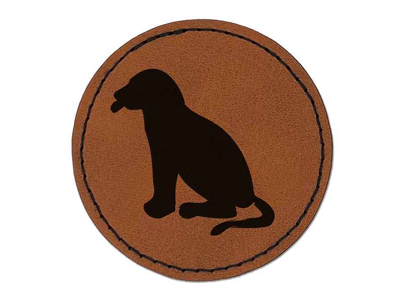 Dog Puppy Tongue Out Sitting Round Iron-On Engraved Faux Leather Patch Applique - 2.5"