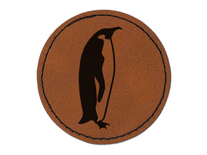 Emperor Penguin Profile Round Iron-On Engraved Faux Leather Patch Applique - 2.5"