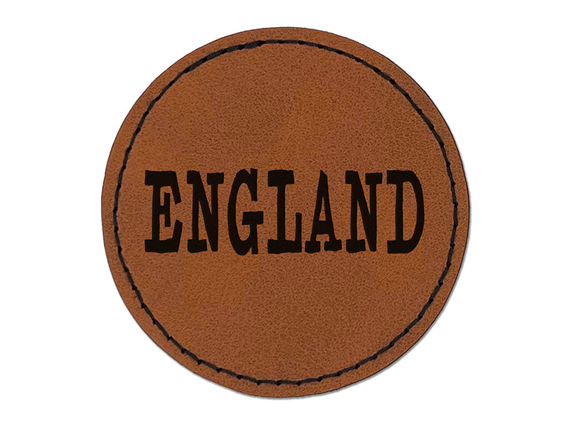 England Fun Text Round Iron-On Engraved Faux Leather Patch Applique - 2.5"