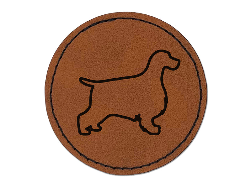 English Cocker Spaniel Dog Outline Round Iron-On Engraved Faux Leather Patch Applique - 2.5"