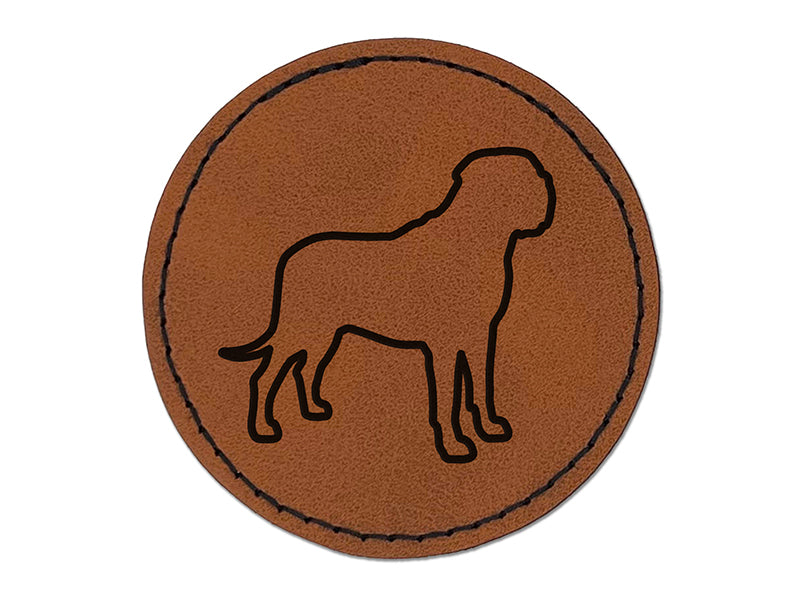English Mastiff Dog Outline Round Iron-On Engraved Faux Leather Patch Applique - 2.5"