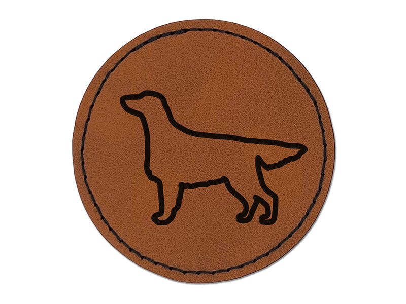Flat-Coated Retriever Dog Outline Round Iron-On Engraved Faux Leather Patch Applique - 2.5"