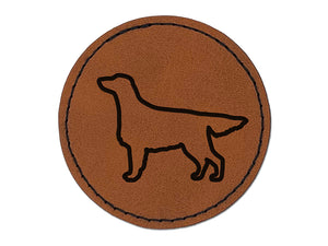 Flat-Coated Retriever Dog Outline Round Iron-On Engraved Faux Leather Patch Applique - 2.5"