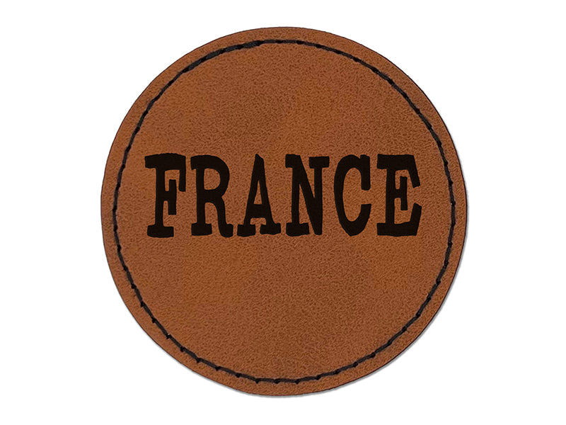 France Fun Text Round Iron-On Engraved Faux Leather Patch Applique - 2.5"