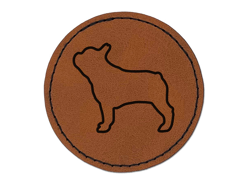 French Bulldog Dog Outline Round Iron-On Engraved Faux Leather Patch Applique - 2.5"