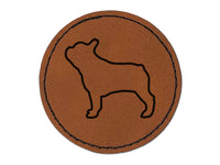 French Bulldog Dog Outline Round Iron-On Engraved Faux Leather Patch Applique - 2.5"