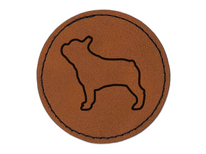 French Bulldog Dog Outline Round Iron-On Engraved Faux Leather Patch Applique - 2.5"