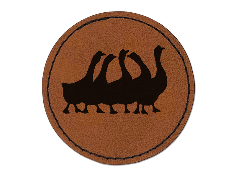 Geese Gaggle Goose Family Solid Round Iron-On Engraved Faux Leather Patch Applique - 2.5"