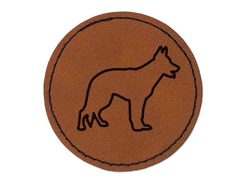 German Shepherd Dog Outline Round Iron-On Engraved Faux Leather Patch Applique - 2.5"