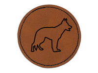 German Shepherd Dog Outline Round Iron-On Engraved Faux Leather Patch Applique - 2.5"
