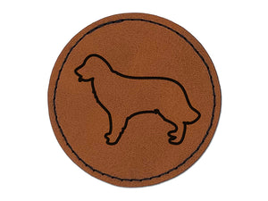 Golden Retriever Dog Outline Round Iron-On Engraved Faux Leather Patch Applique - 2.5"