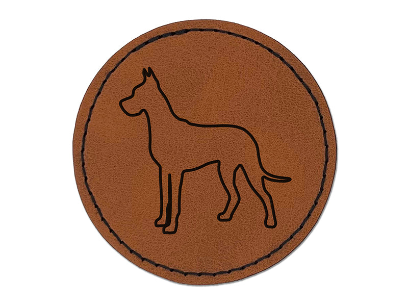 Great Dane Dog Outline Round Iron-On Engraved Faux Leather Patch Applique - 2.5"