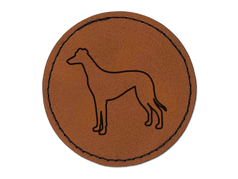 Greyhound Dog Outline Round Iron-On Engraved Faux Leather Patch Applique - 2.5"