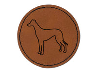 Greyhound Dog Outline Round Iron-On Engraved Faux Leather Patch Applique - 2.5"
