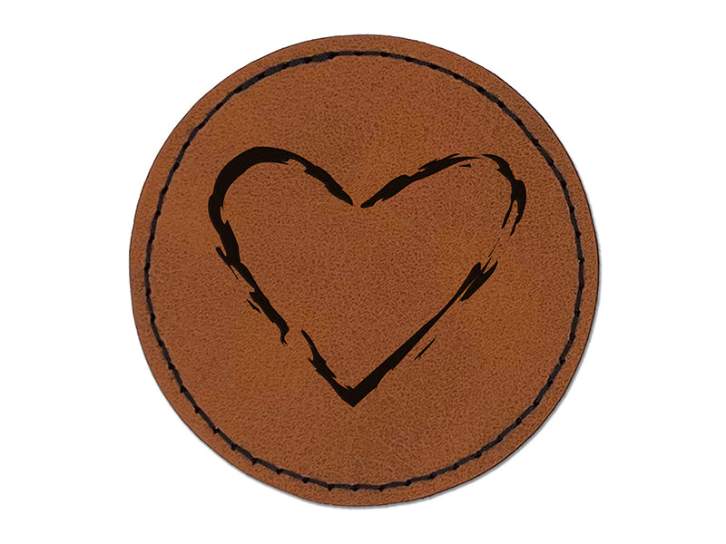 Heart Love Sketch Outline Round Iron-On Engraved Faux Leather Patch Applique - 2.5"