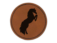 Horse Rearing on Hind Legs Solid Round Iron-On Engraved Faux Leather Patch Applique - 2.5"