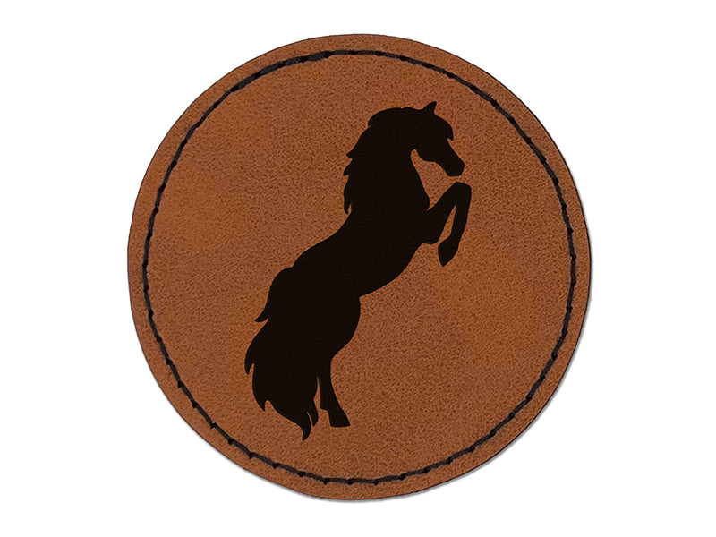 Horse Rearing on Hind Legs Solid Round Iron-On Engraved Faux Leather Patch Applique - 2.5"