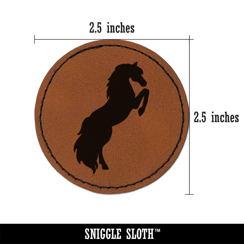 Horse Rearing on Hind Legs Solid Round Iron-On Engraved Faux Leather Patch Applique - 2.5"