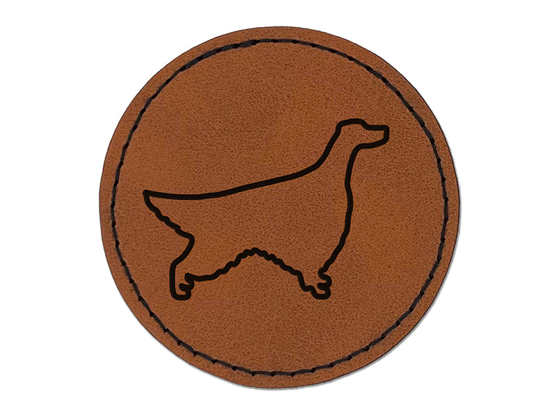 Irish Setter Dog Outline Round Iron-On Engraved Faux Leather Patch Applique - 2.5"