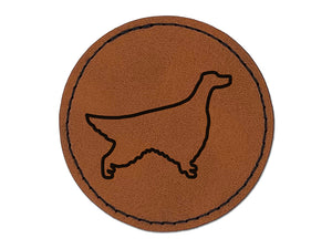 Irish Setter Dog Outline Round Iron-On Engraved Faux Leather Patch Applique - 2.5"
