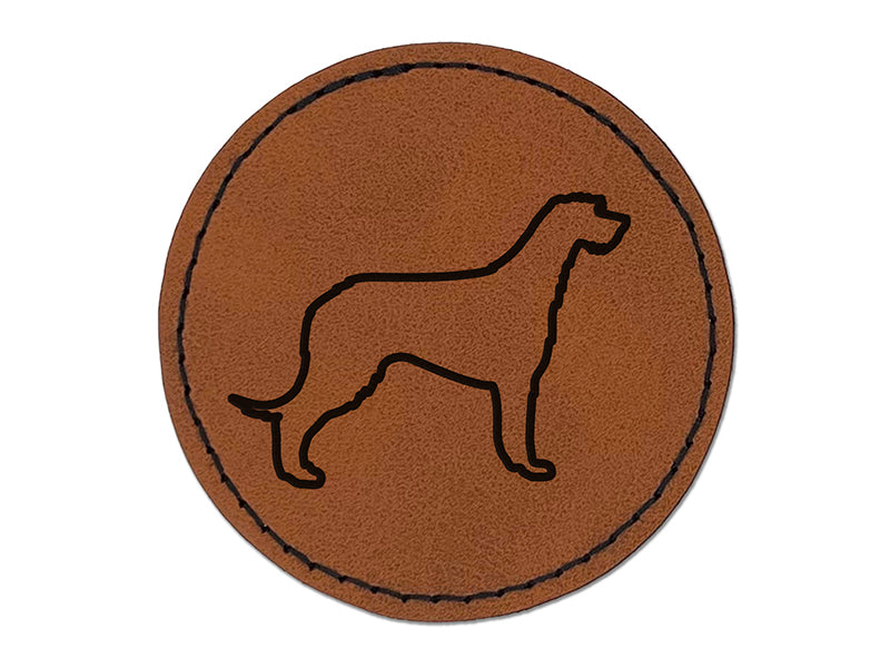 Irish Wolfhound Dog Outline Round Iron-On Engraved Faux Leather Patch Applique - 2.5"