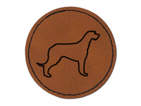 Irish Wolfhound Dog Outline Round Iron-On Engraved Faux Leather Patch Applique - 2.5"