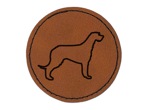 Irish Wolfhound Dog Outline Round Iron-On Engraved Faux Leather Patch Applique - 2.5"